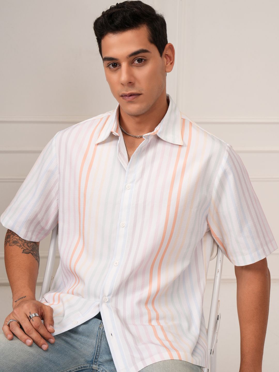 

HIGHLANDER Men Striped Boxy Shirt, Cream