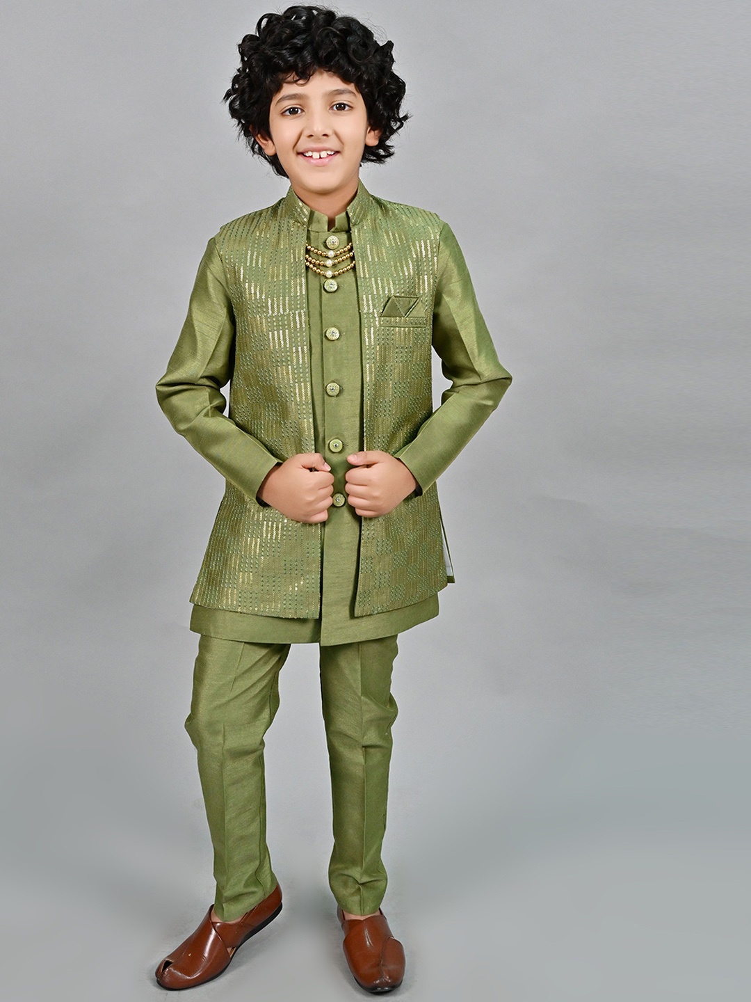 

ahhaaaa Boys 3-Piece Set Embroidered Sherwani, Green