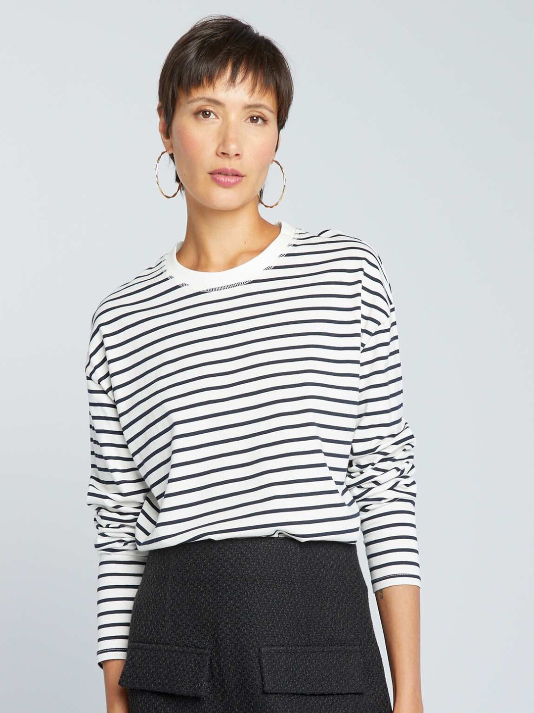

KIABI Women Striped Drop-Shoulder Sleeves T-shirt, White