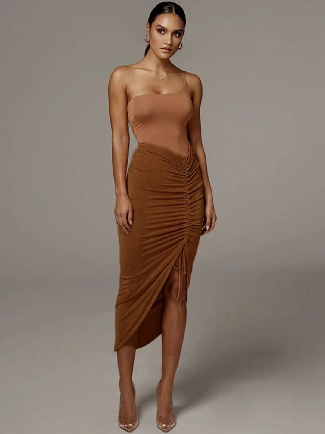 

StyleCast x Revolte Women Solid High-Low Midi Length Pencil Skirt, Brown