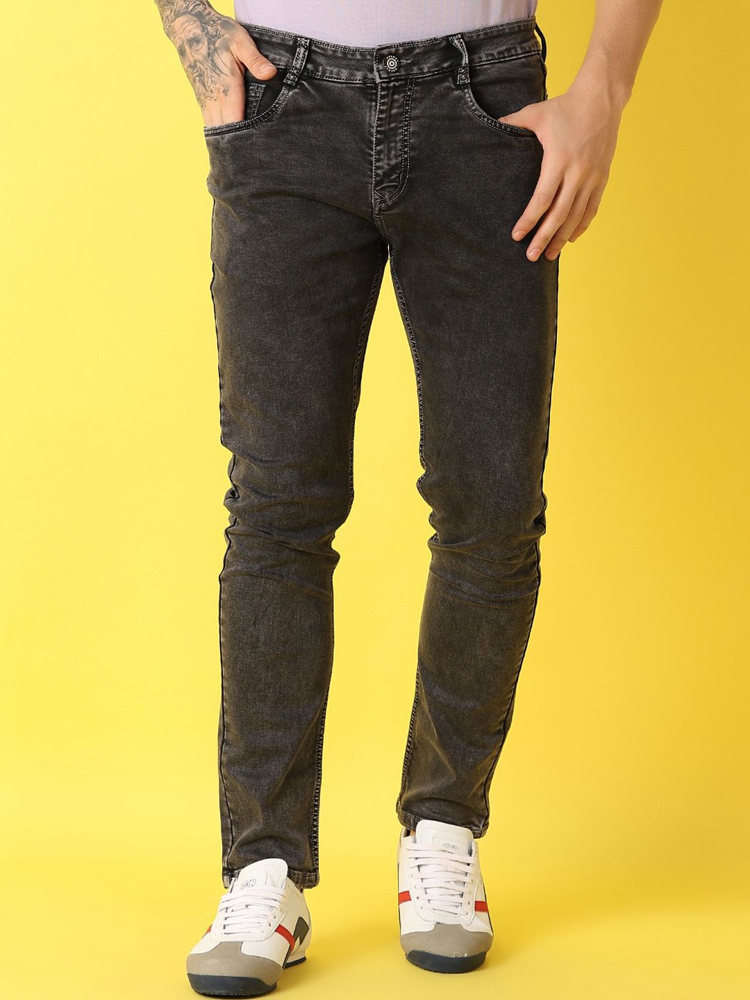 

V-Mart Men Solid Cotton Mid-Rise Slim Fit Stretchable Jeans, Grey
