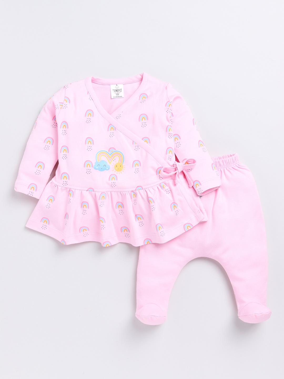 

YK X Tinyo Infant Girls Printed Pure Cotton Wrap Top with Diaper Pants, Pink
