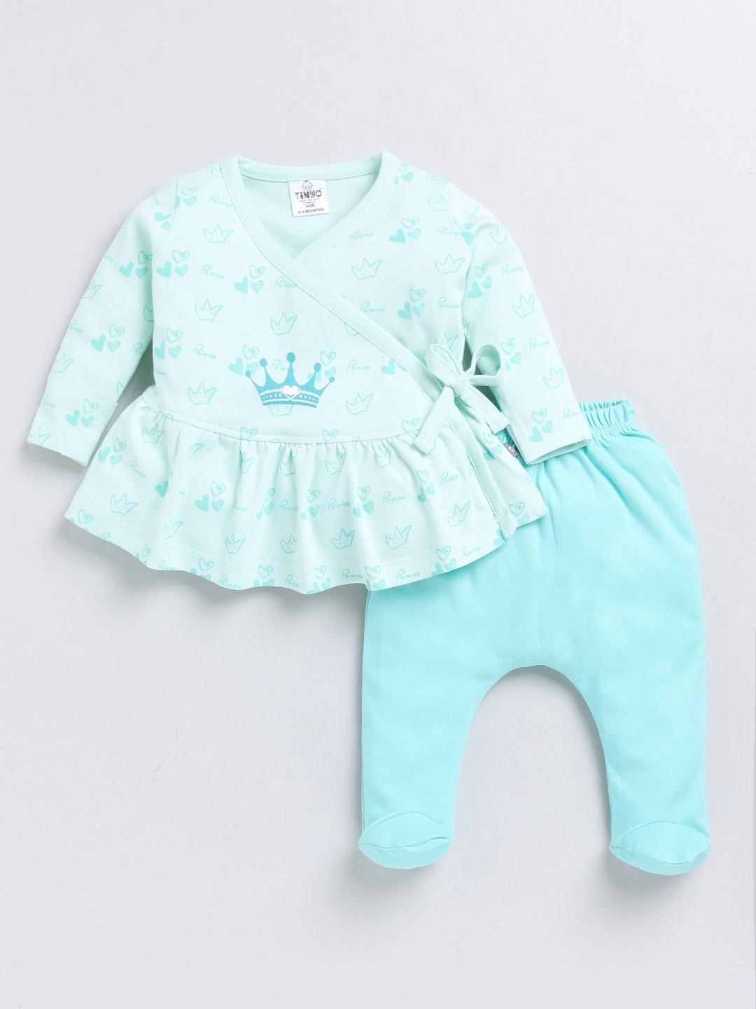 YK X Tinyo Infants Girls Printed Cotton Wrap Top with Diaper Pants, Green