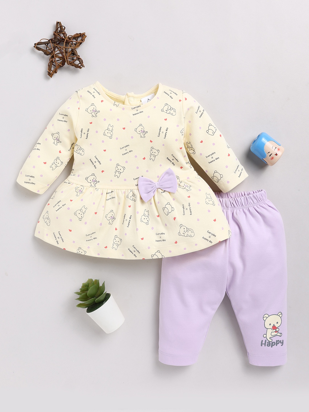 

YK X Tinyo Infants Girls Printed Cotton Top with Leggings, Cream