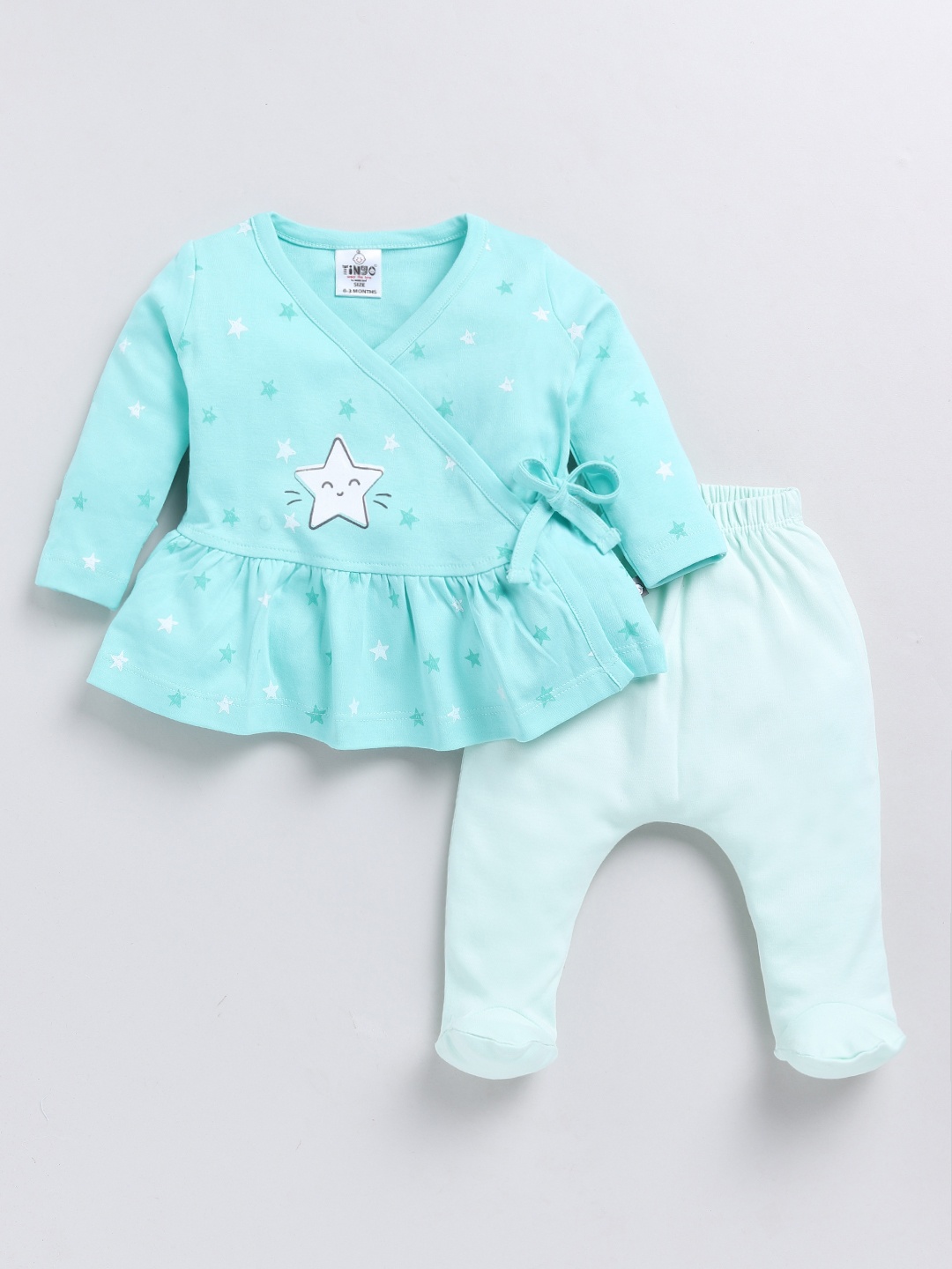YK X Tinyo Infants Girls Printed Cotton Wrap Top with Diaper Pants, Sea green