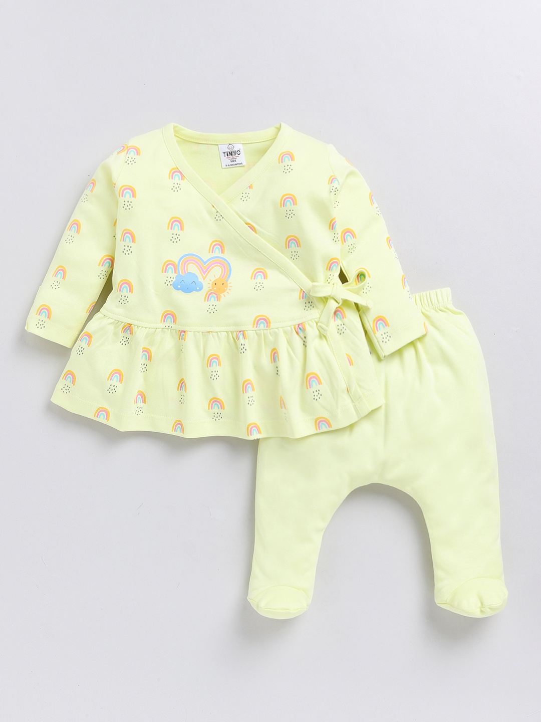 YK X Tinyo Infants Girls Printed Cotton Wrap Top with Diaper Pants, Lime green