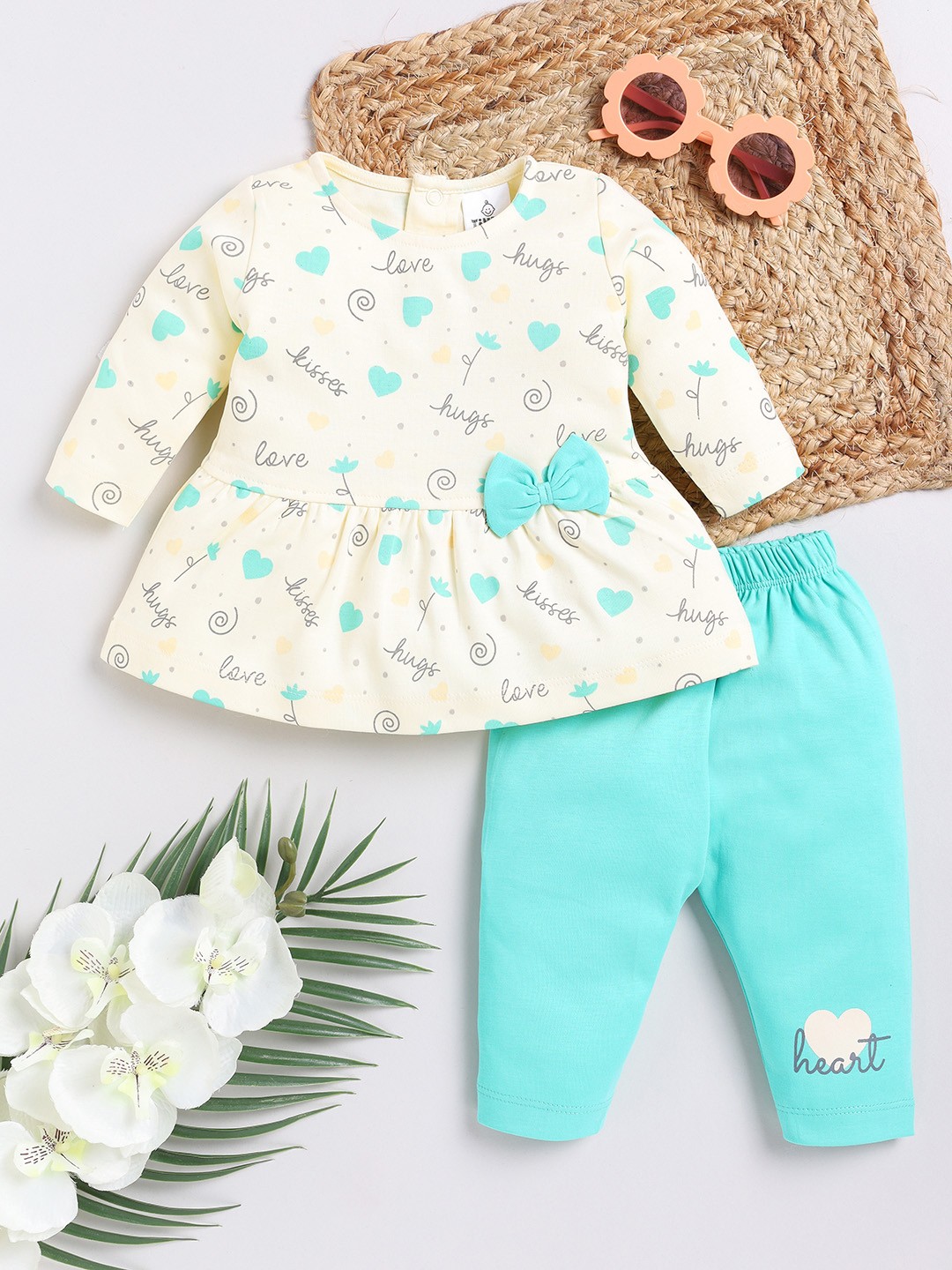 

YK X Tinyo Infants Girls Printed Cotton Top with Leggings, Cream