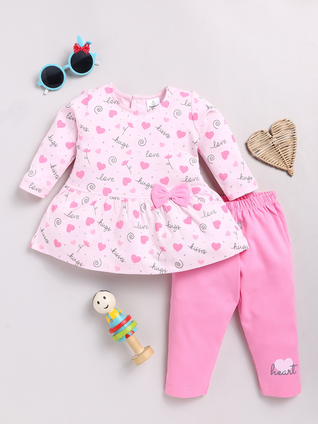 YK X Tinyo Infant Girls Printed Fit & Flare Dress With Leggings, Pink