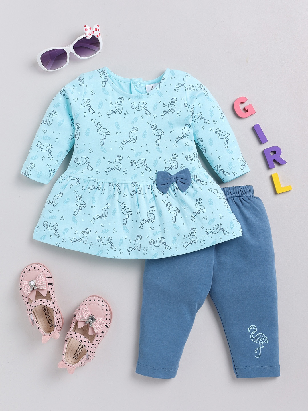 

YK X Tinyo Infant Girls Printed Fit & Flare Dress With Leggings, Blue