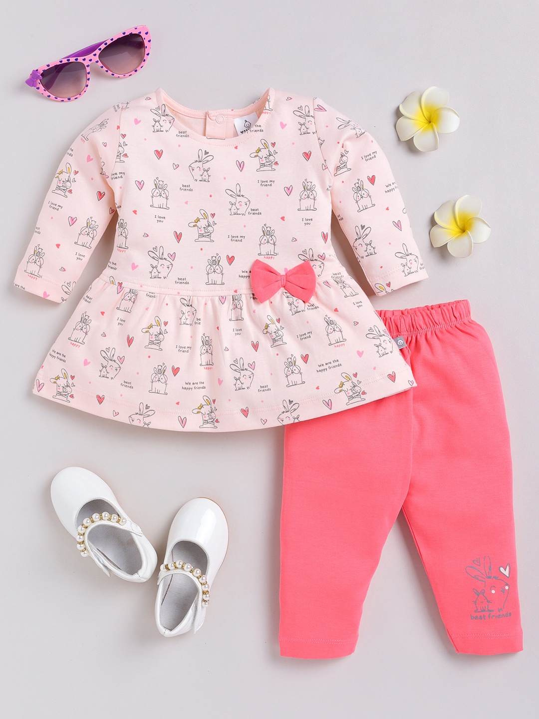 YK X Tinyo Infants Girls Printed Cotton Top with Leggings, Pink