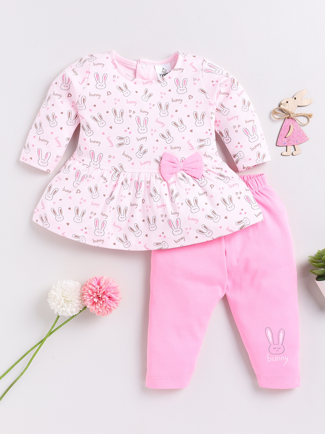 YK X Tinyo Infants Girls Printed Cotton Top with Leggings, Pink