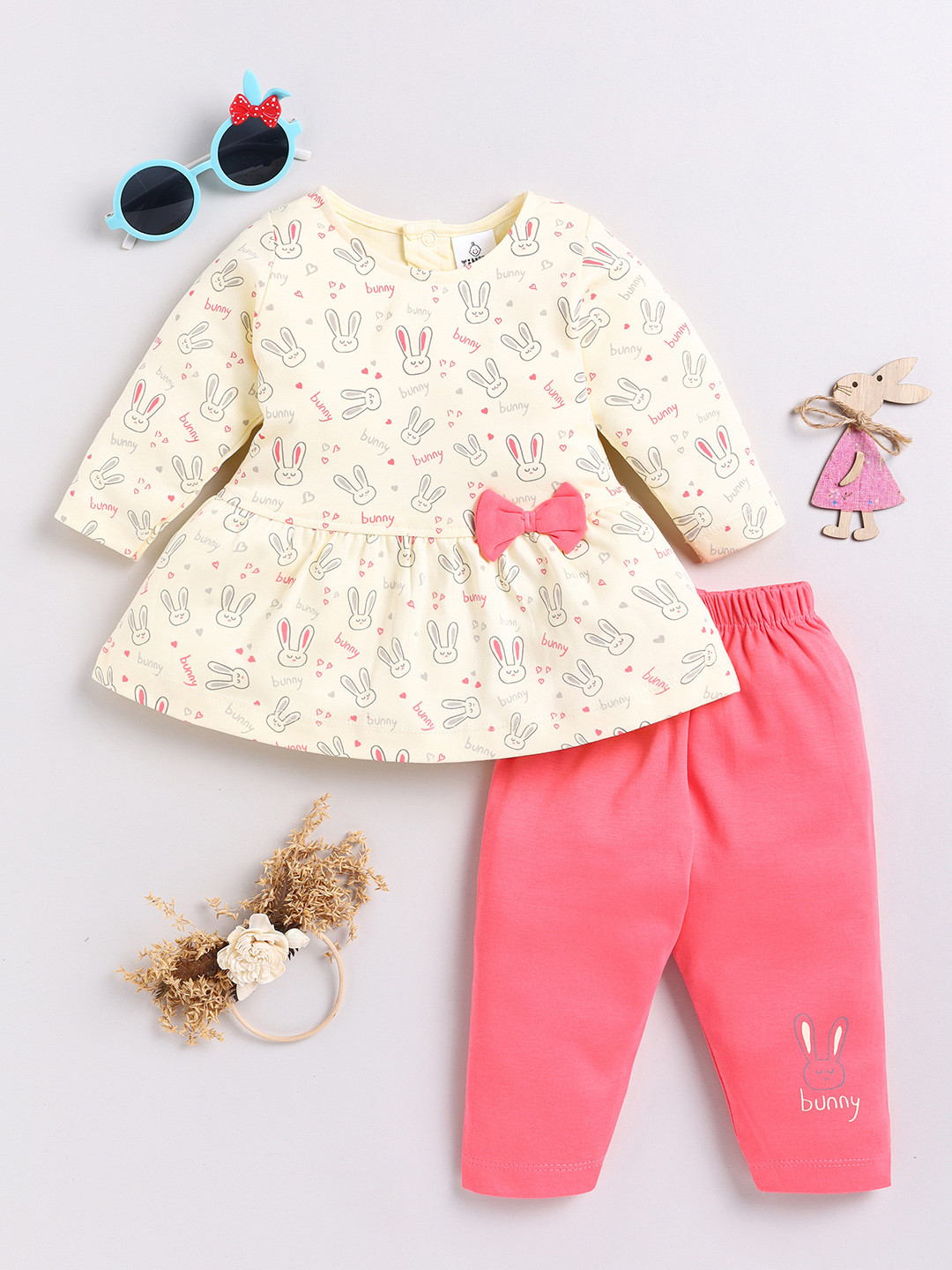 

YK X Tinyo Infants Girls Printed Cotton Top with Leggings, Cream
