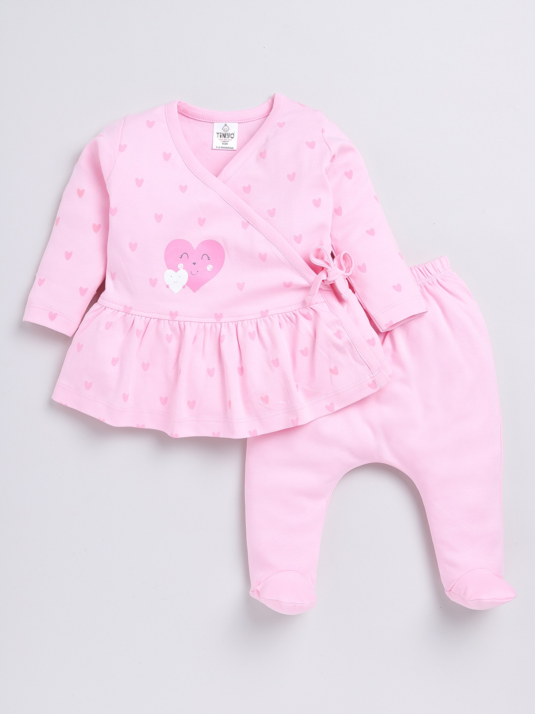 

YK X Tinyo Infants Girls Printed Cotton Wrap Top with Diaper Pants, Pink