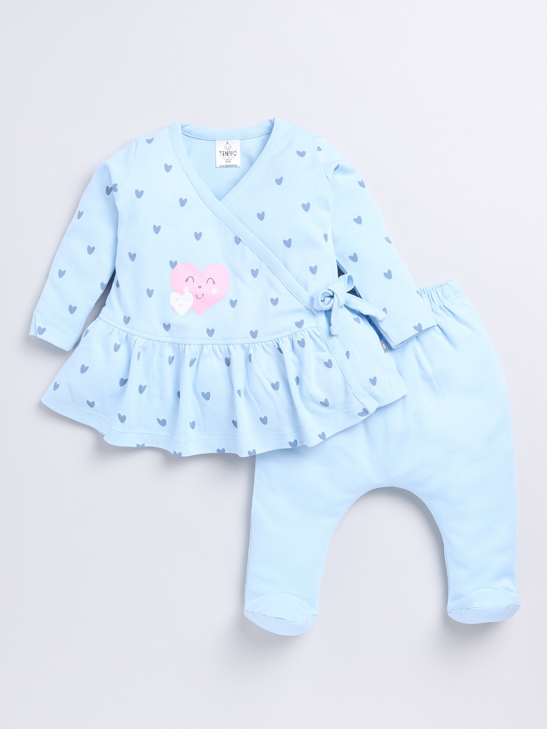 YK X Tinyo Infants Girls Printed Cotton Wrap Top with Diaper Pants, Blue
