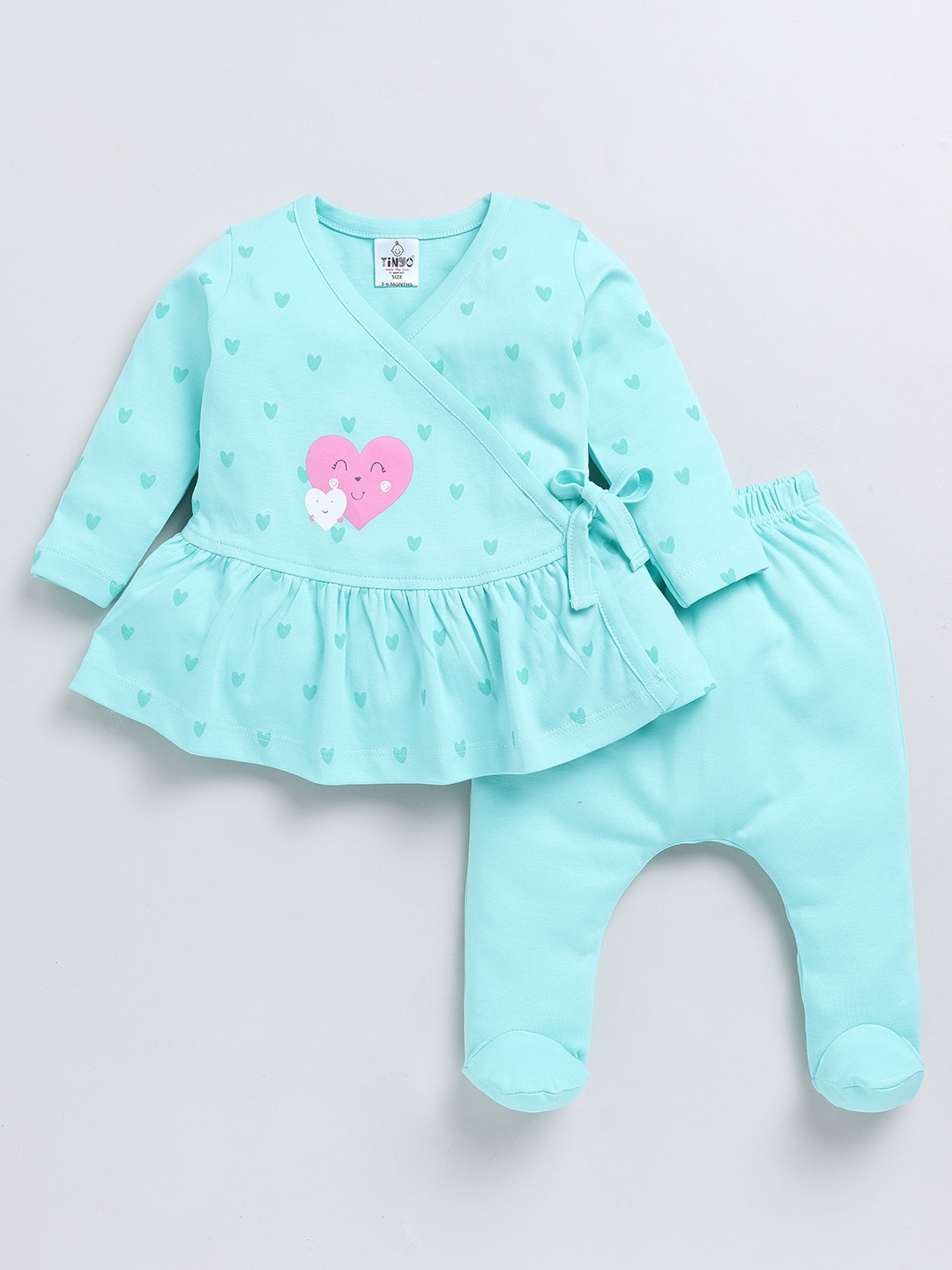 YK X Tinyo Infants Girls Printed Cotton Wrap Top with Diaper Pants, Sea green