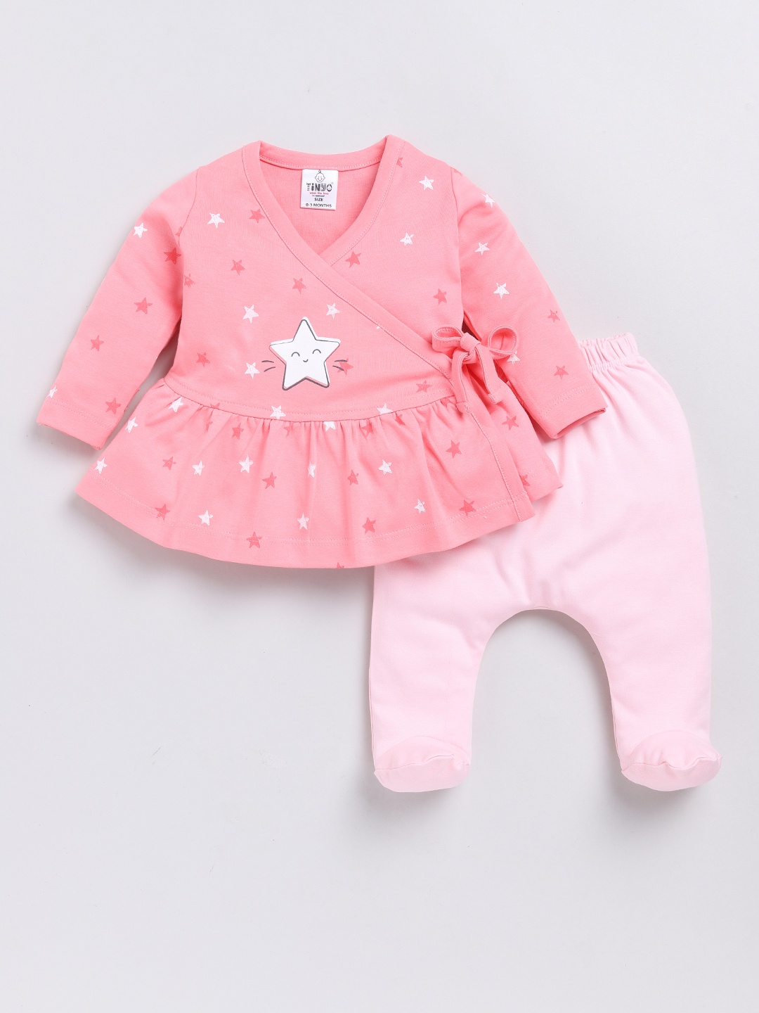 

YK X Tinyo Infants Girls Printed Cotton Wrap Top with Diaper Pants, Pink