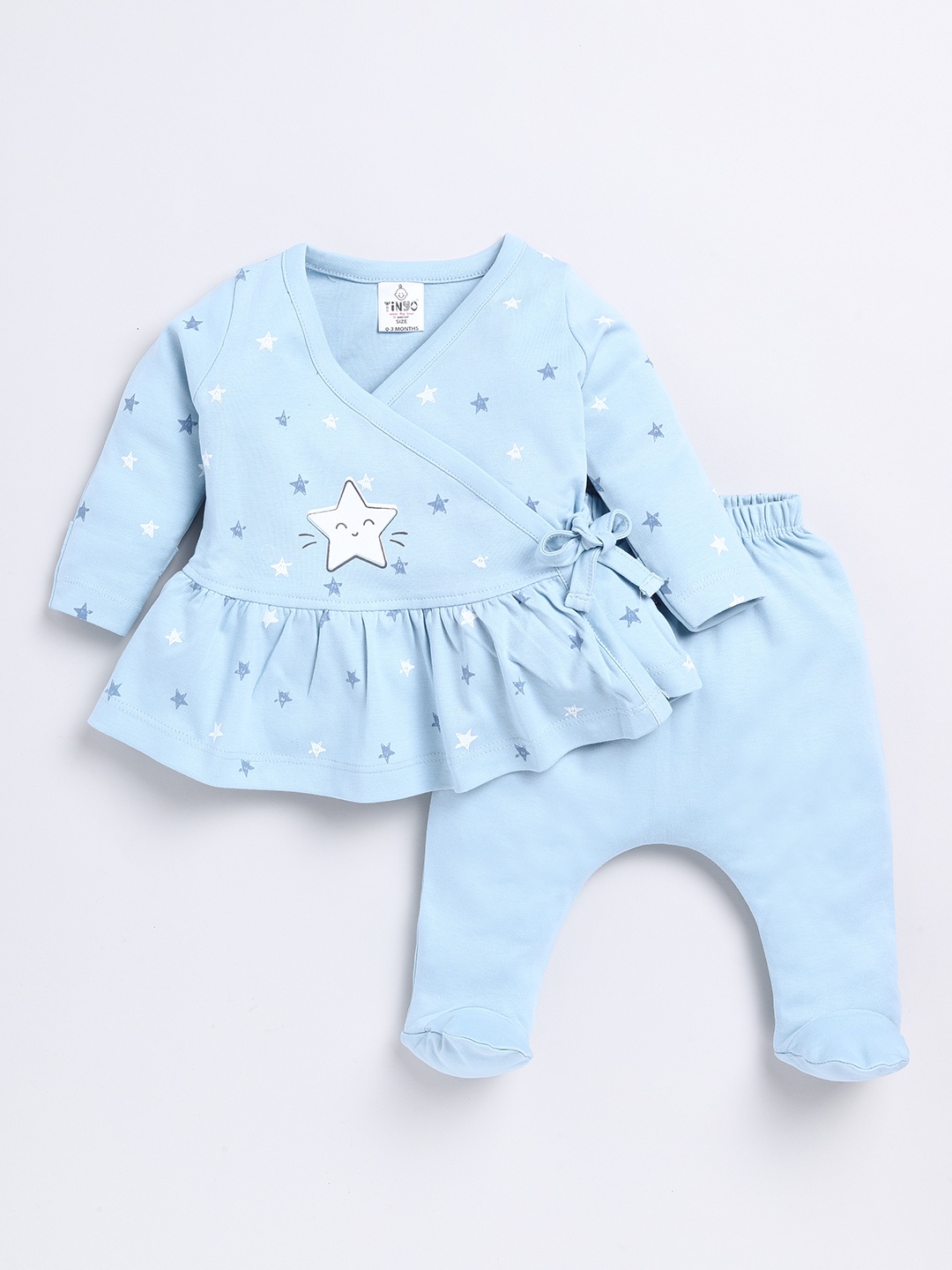 

YK X Tinyo Infants Girls Printed Cotton Wrap Top with Diaper Pants, Blue