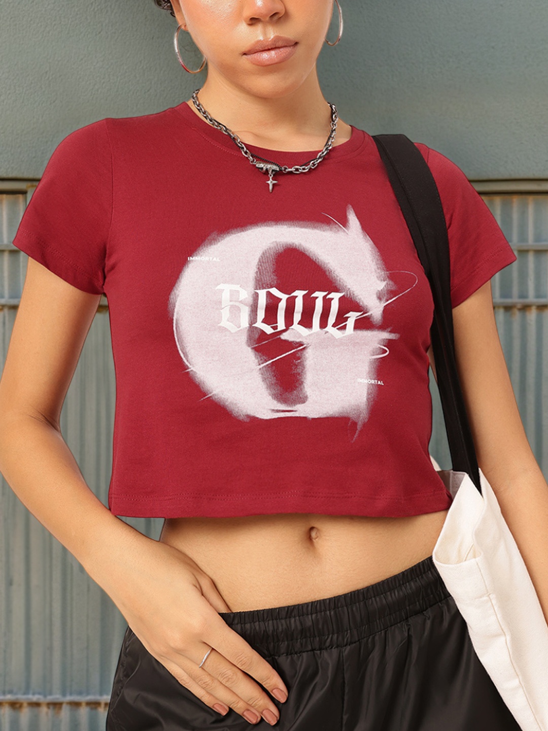 

DressBerry Typography Groove Crop Cotton T-Shirt, Maroon