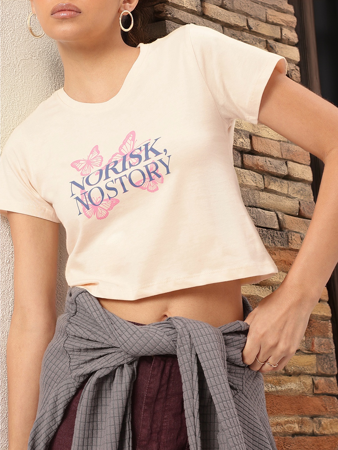 

DressBerry Cutesy Print Crop T-shirt, Cream