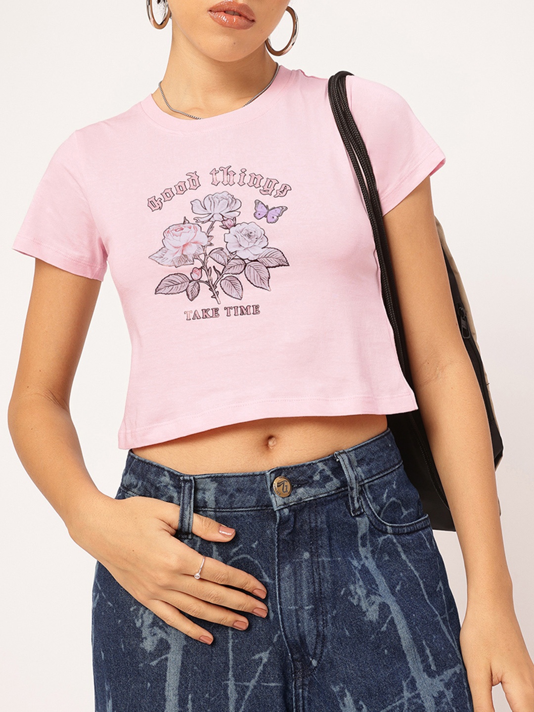 

DressBerry Blossom Bae Pure Cotton Printed Crop T-shirt, Pink