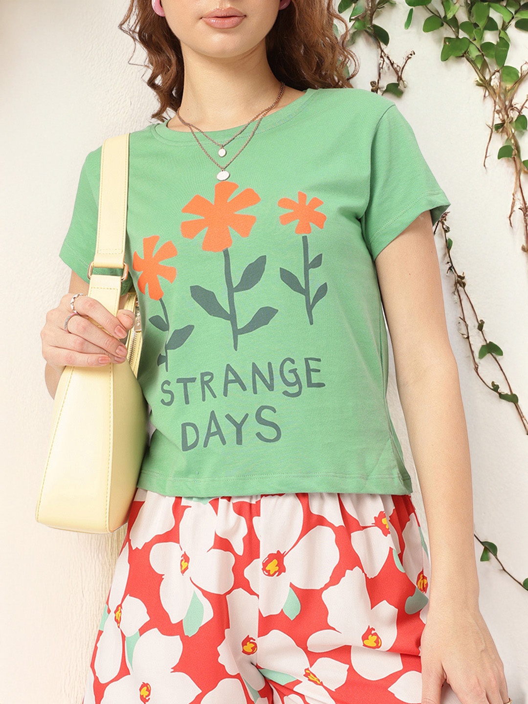 

DressBerry Bloom & Beyond Printed Cotton Crop T-shirt, Green