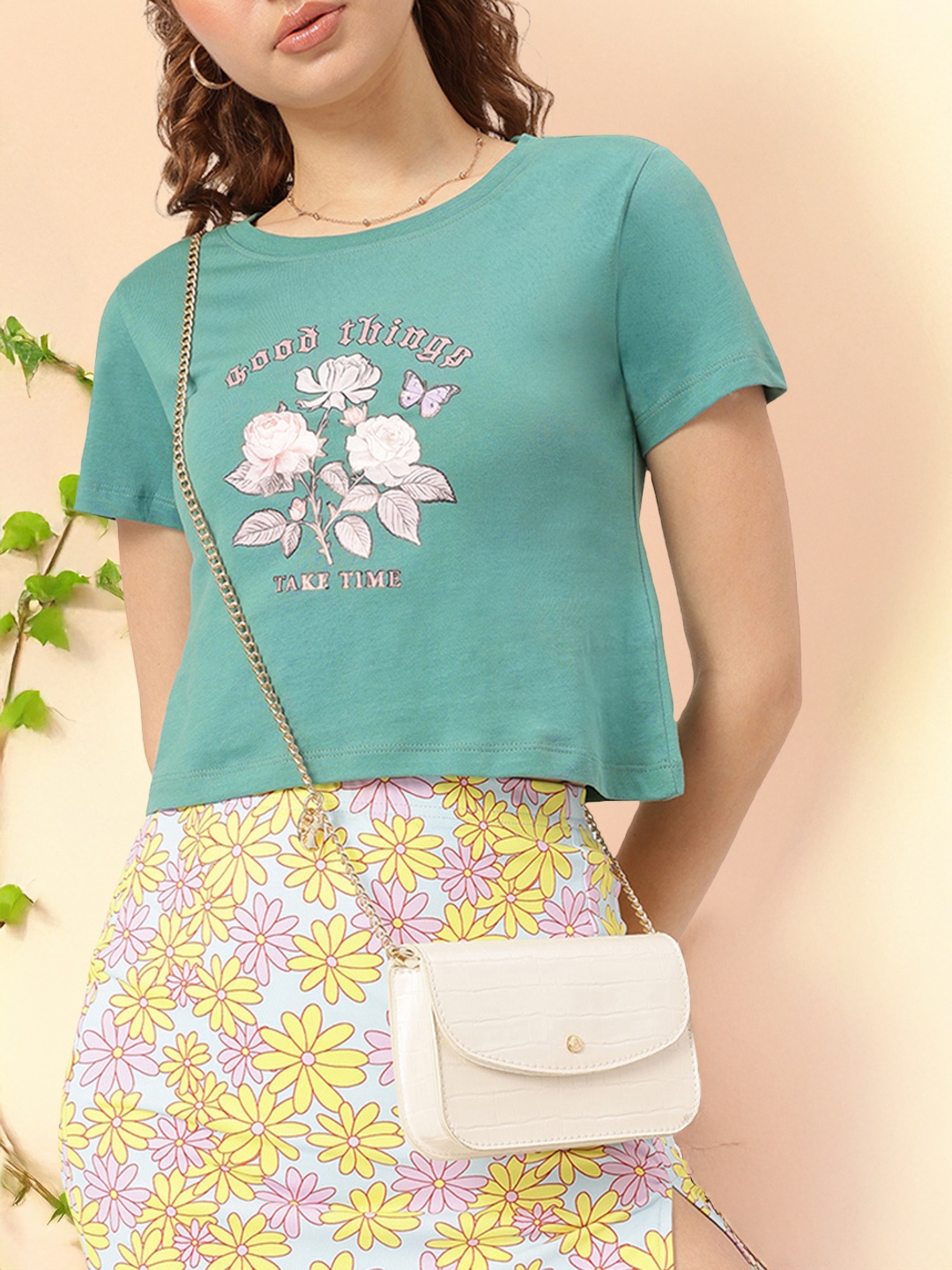 

DressBerry Floral Canvas Printed Cotton Crop T-shirt, Green