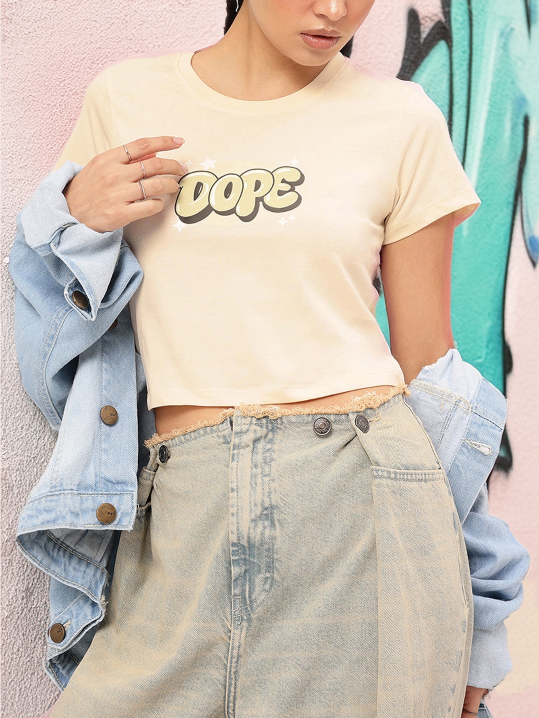 

DressBerry Fun & Funky Printed Crop T-shirt, Beige
