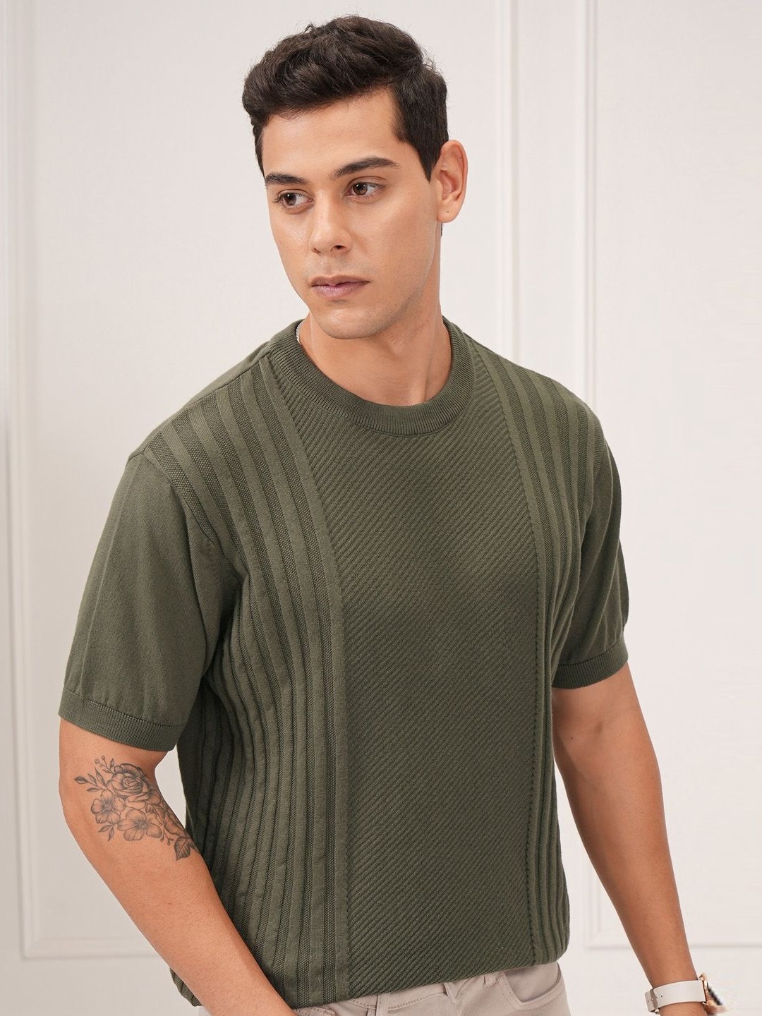 

HIGHLANDER Men Relaxed Fit Textured Knitted Round Neck T-shirt, Olive