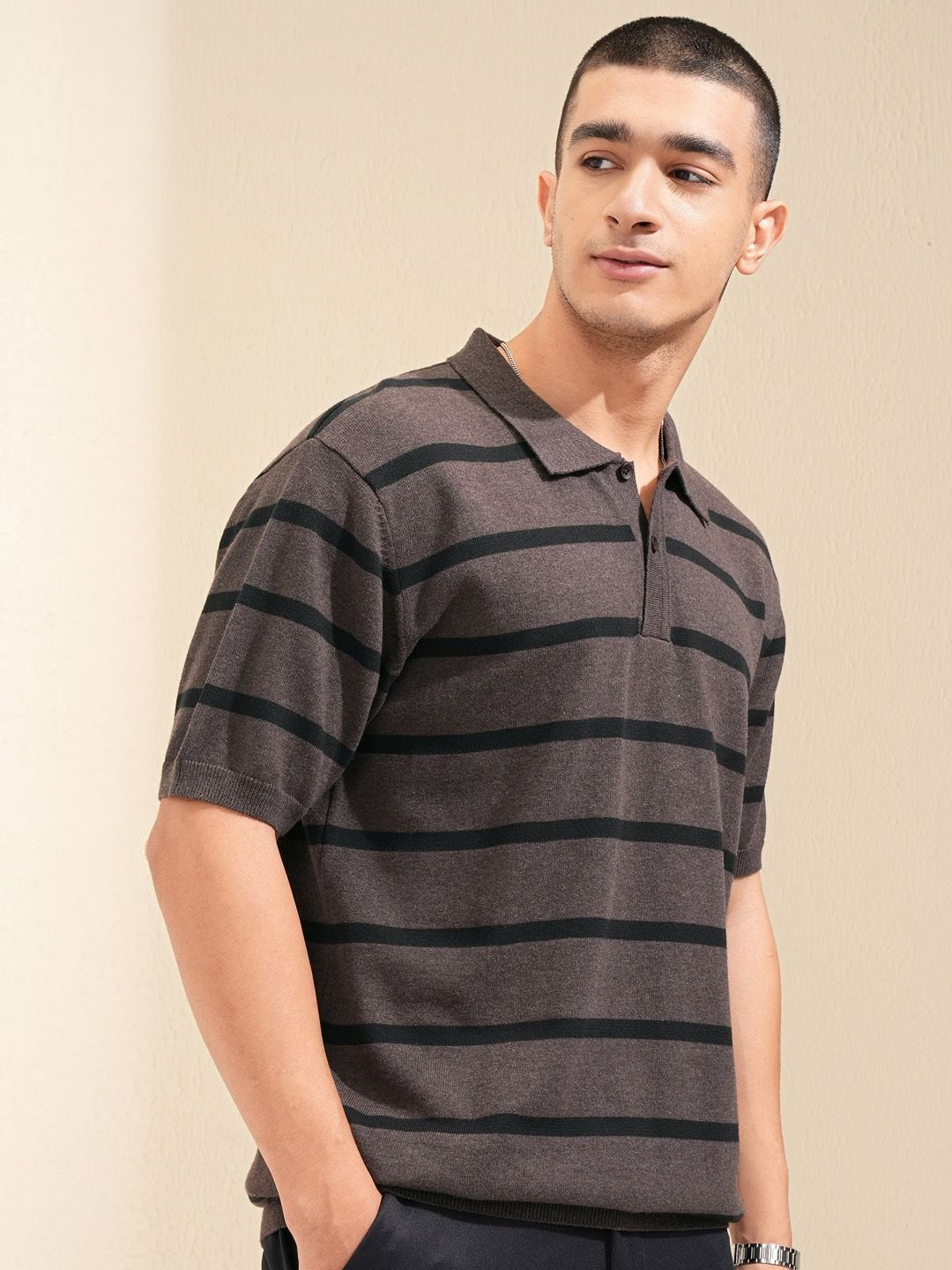 

HIGHLANDER Men Horizontal Stripes Relaxed Fit Knitted Polo Collar T-shirt, Brown
