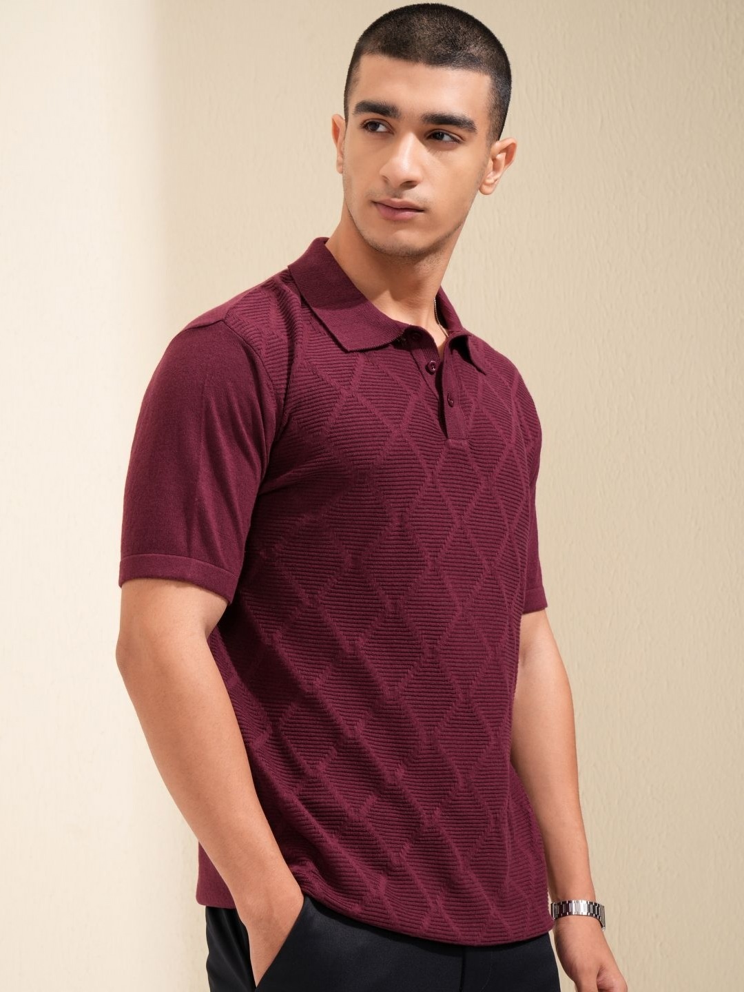 

Highlander Men Textured Relaxed Fit Knitted Polo Collar Tshirt, Burgundy