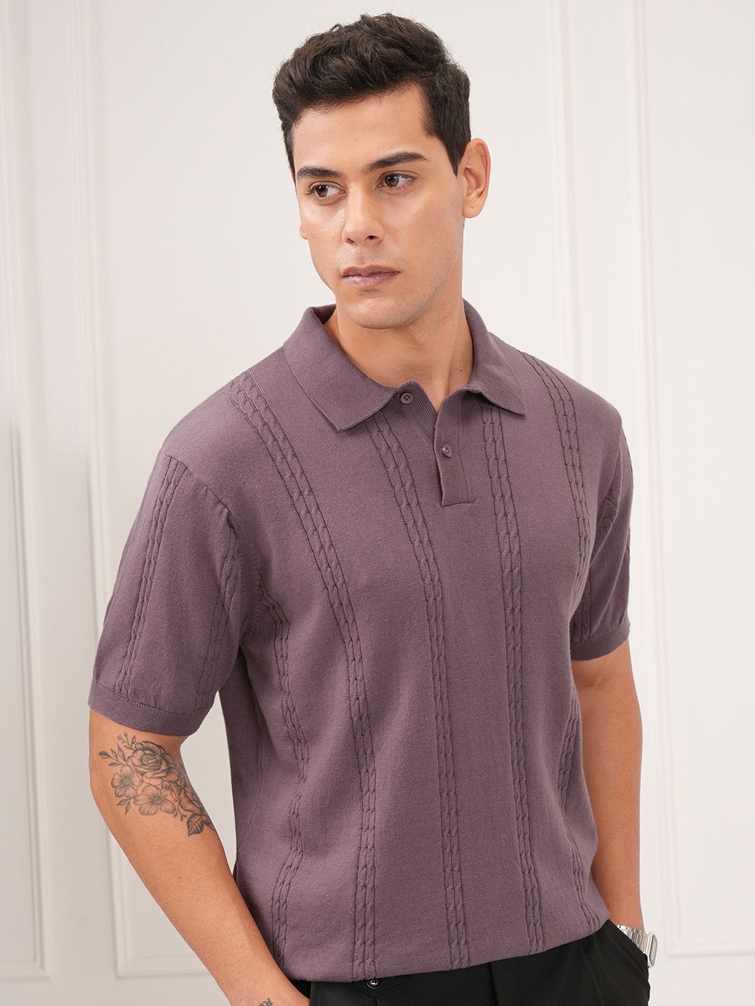

Highlander Men Light Relaxed Fit Knitted Textured T-shirt, Purple