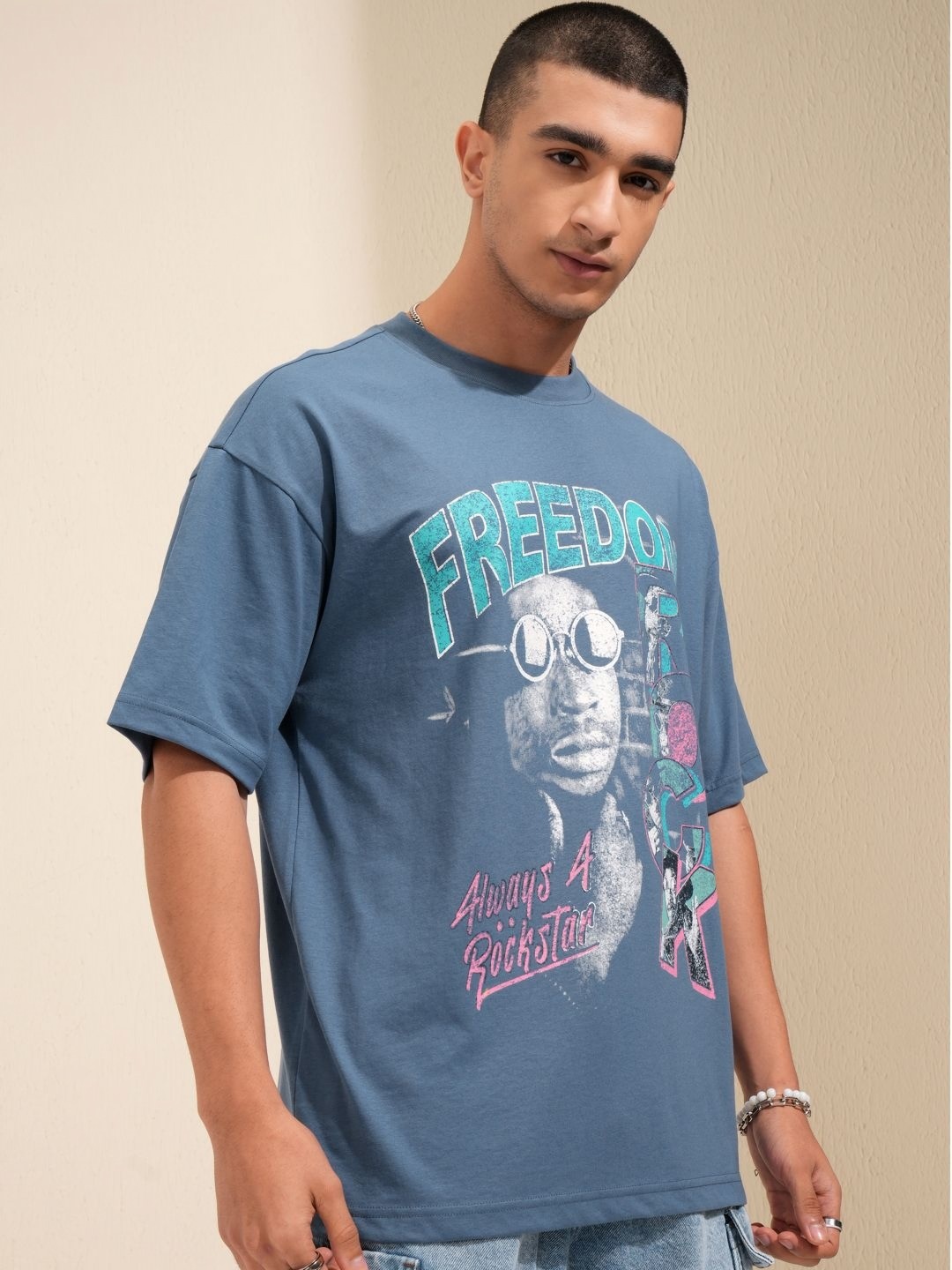 

HIGHLANDER Men Typography Printed Round Neck Cotton Oversized T-Shirt, Blue