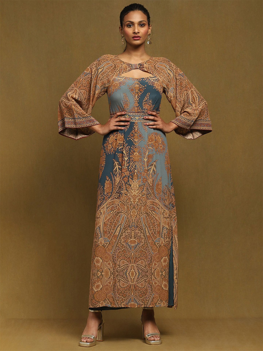 

Ritu Kumar Women Ethnic Motifs Printed Flared Sleeves Keyhole Neck Maxi Dress, Blue
