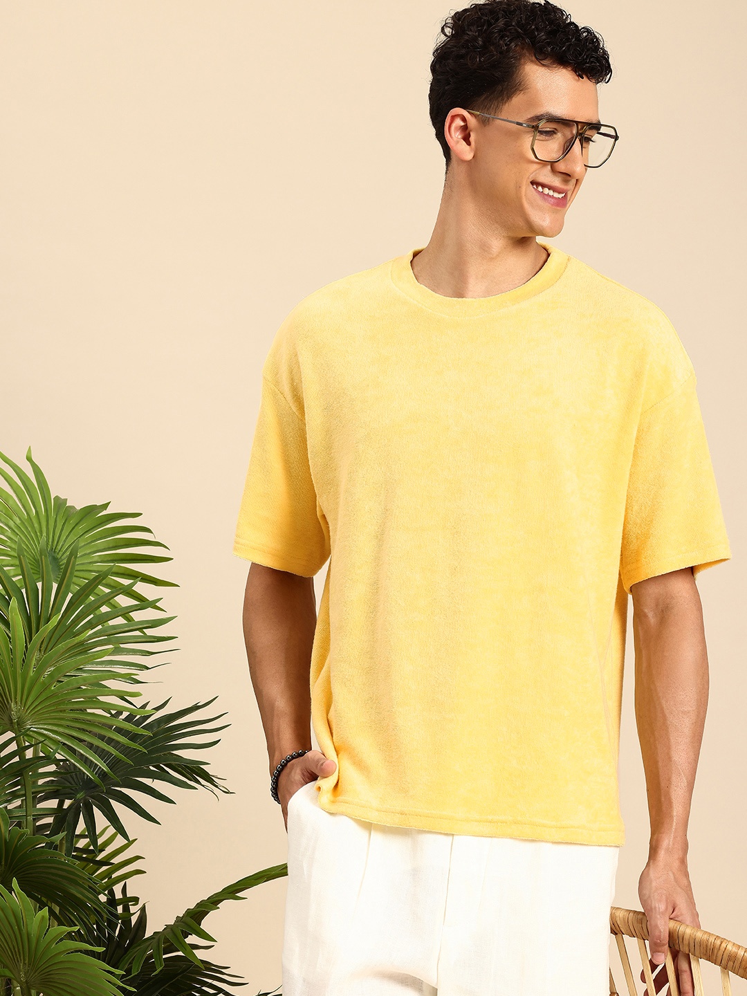 

Mast & Harbour Men Self Design Towel Terry Oversized T Shirt, Yellow