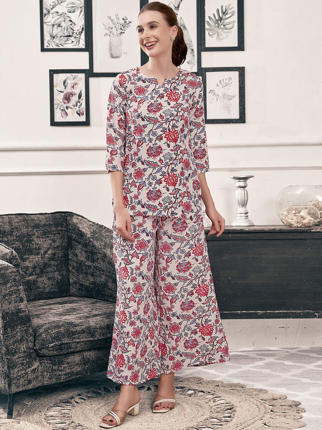

Selvia Floral Printed Notch Neck Tunic With Palazzos, Grey
