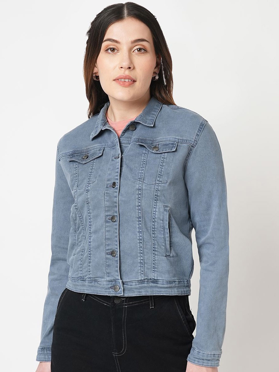 

Kraus Jeans Women Washed Checked Crop Denim Jacket, Grey