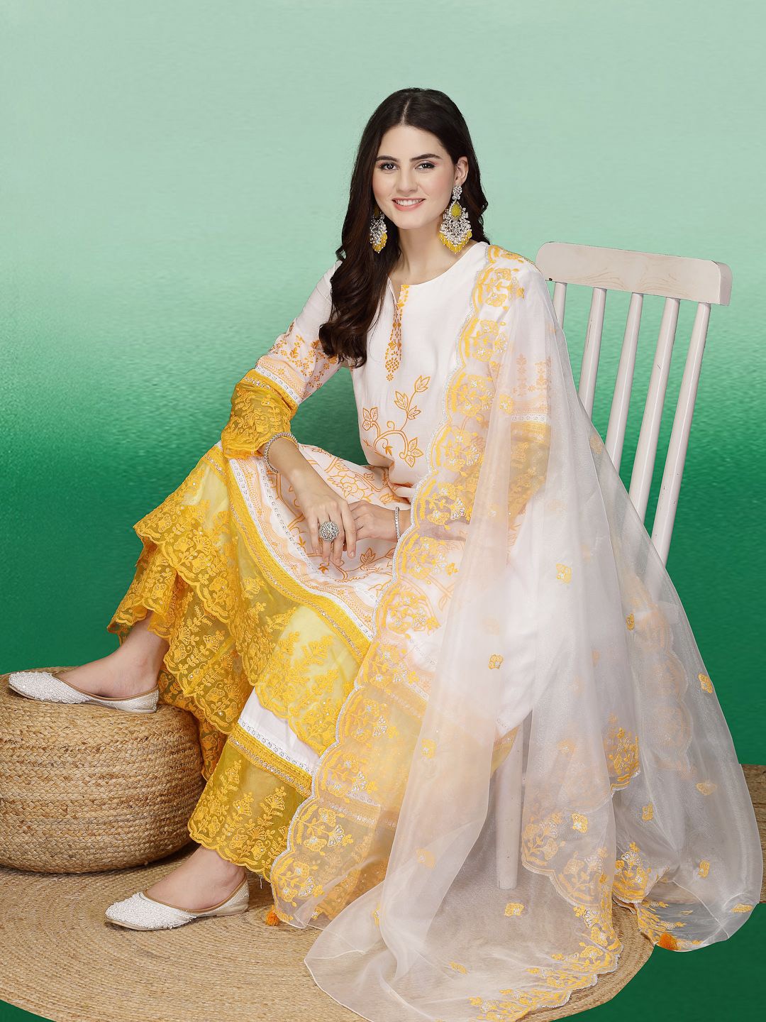 

Sangria Floral Embroidered Pure Cotton Straight Kurta With Sharara & Dupatta, White