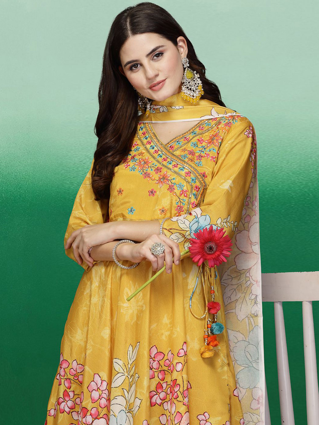 

Sangria Yellow Floral Printed V-Neck Thread Work Anarkali Kurta & Trousers With Dupatta
