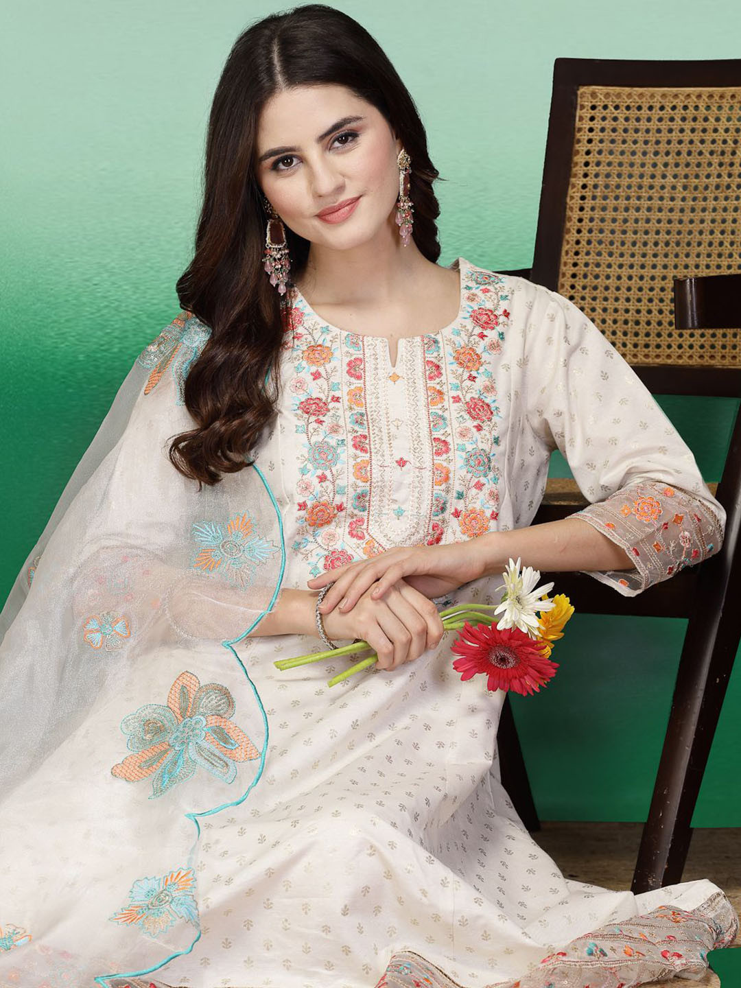 

Sangria Off White Floral Embroidered Pure Cotton Anarkali Kurta With Sharara & Dupatta