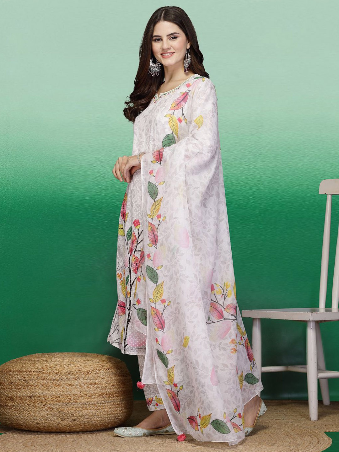 

Sangria Off White Floral Printed Thread Work Pure Cotton Kurta & Trousers with Dupatta