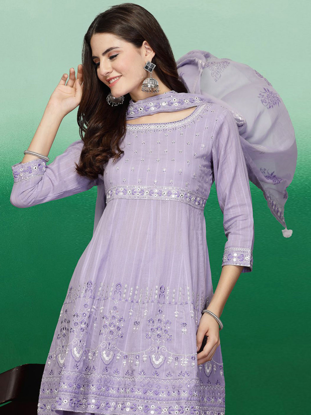 

Sangria Ethnic Motifs Embroidered Pure Cotton Straight Kurta With Sharara & Dupatta, Lavender