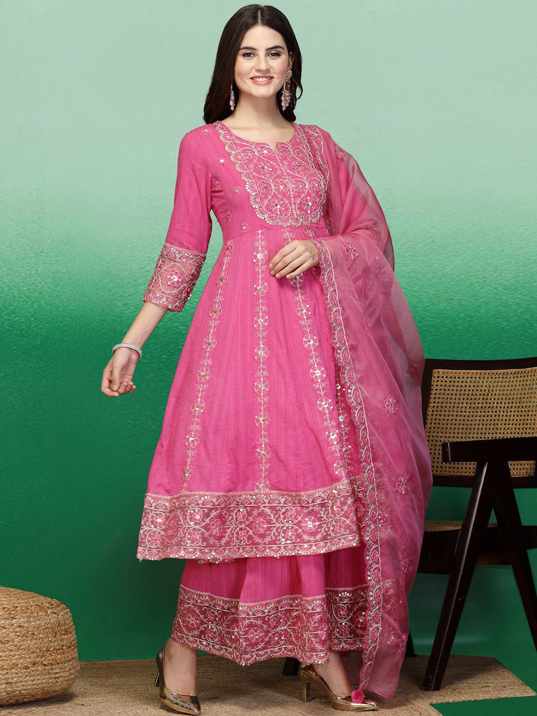 

Sangria Pink Floral Embroidered Sequined Pure Cotton Anarkali Kurta with Sharara & Dupatta