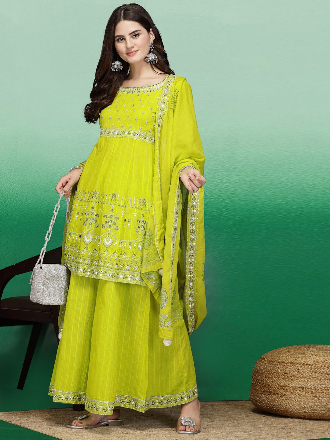 

Sangria Lime Green Embroidered Mirror Work Pure Cotton A-Line Kurta with Sharara & Dupatta