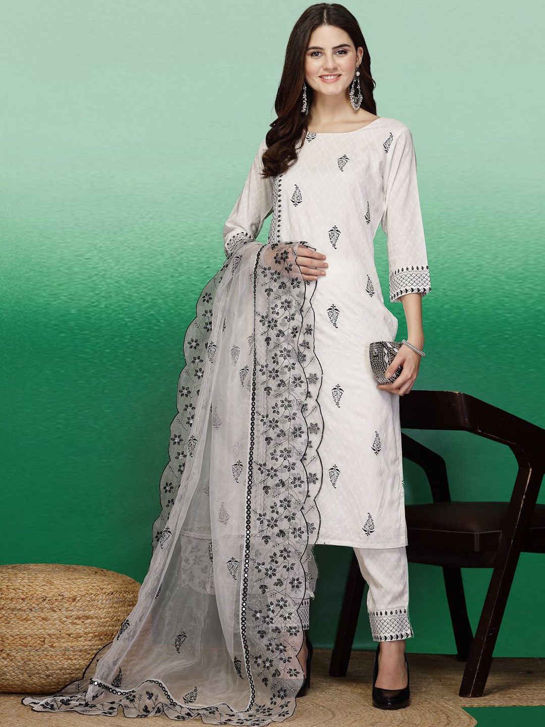 

Sangria Floral Embroidered Sequined Straight Kurta With Trouser & Dupatta, White