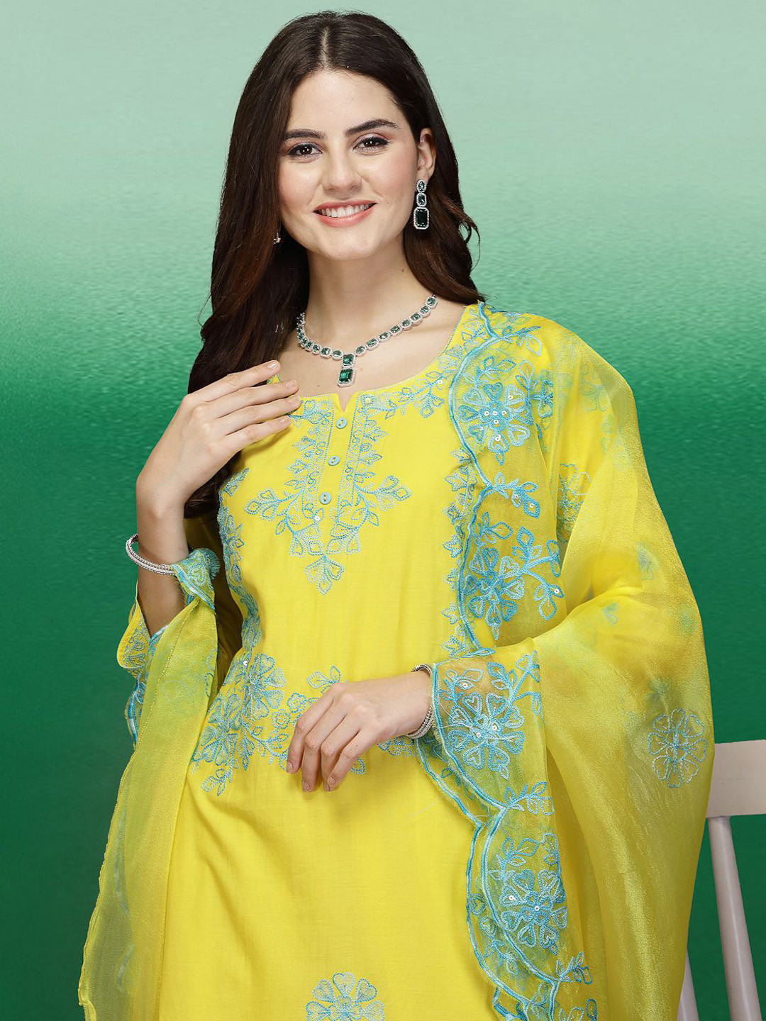 

Sangria Yellow Floral Embroidered Sequinned Pure Cotton Kurta With Palazzo & Dupatta