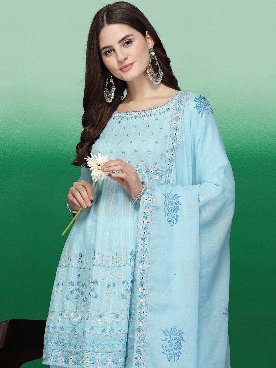 

Sangria Turquoise Blue Floral Embroidered Pure Cotton A-Line Kurta with Sharara & Dupatta