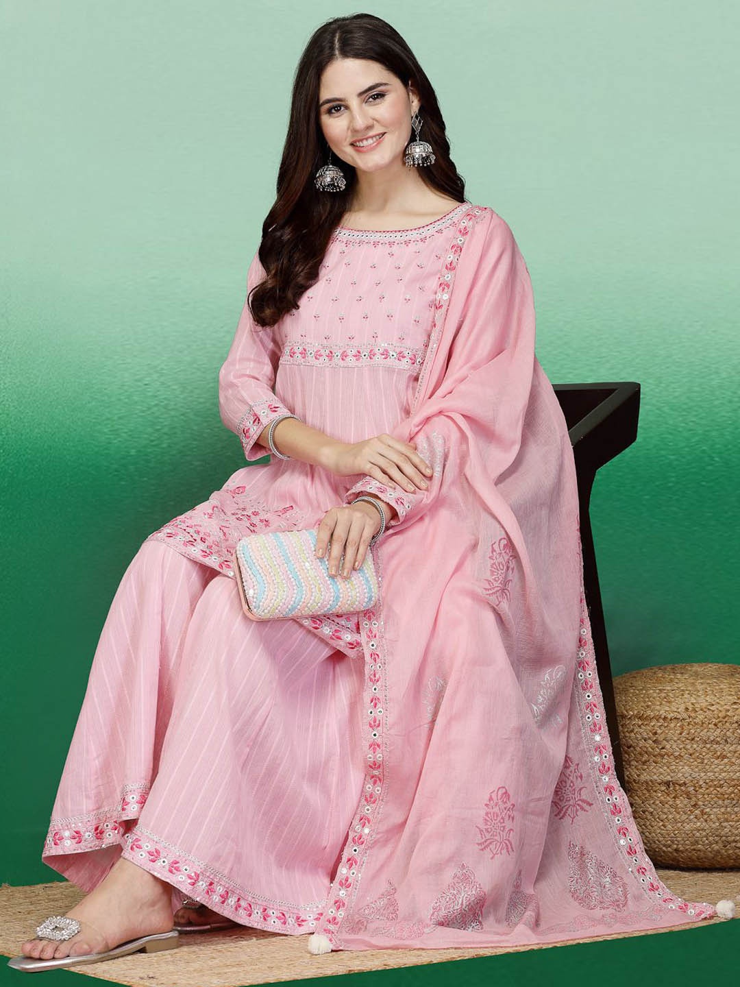 

Sangria Pink Embroidered Mirror Work Pure Cotton A-Line Kurta with Sharara & Dupatta