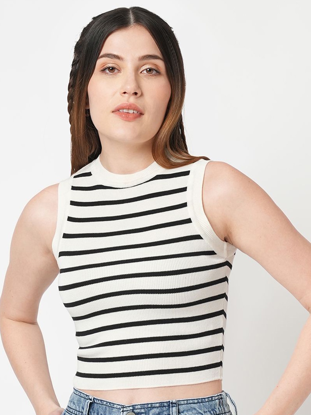 

Kraus Jeans Striped Crop Top, Black