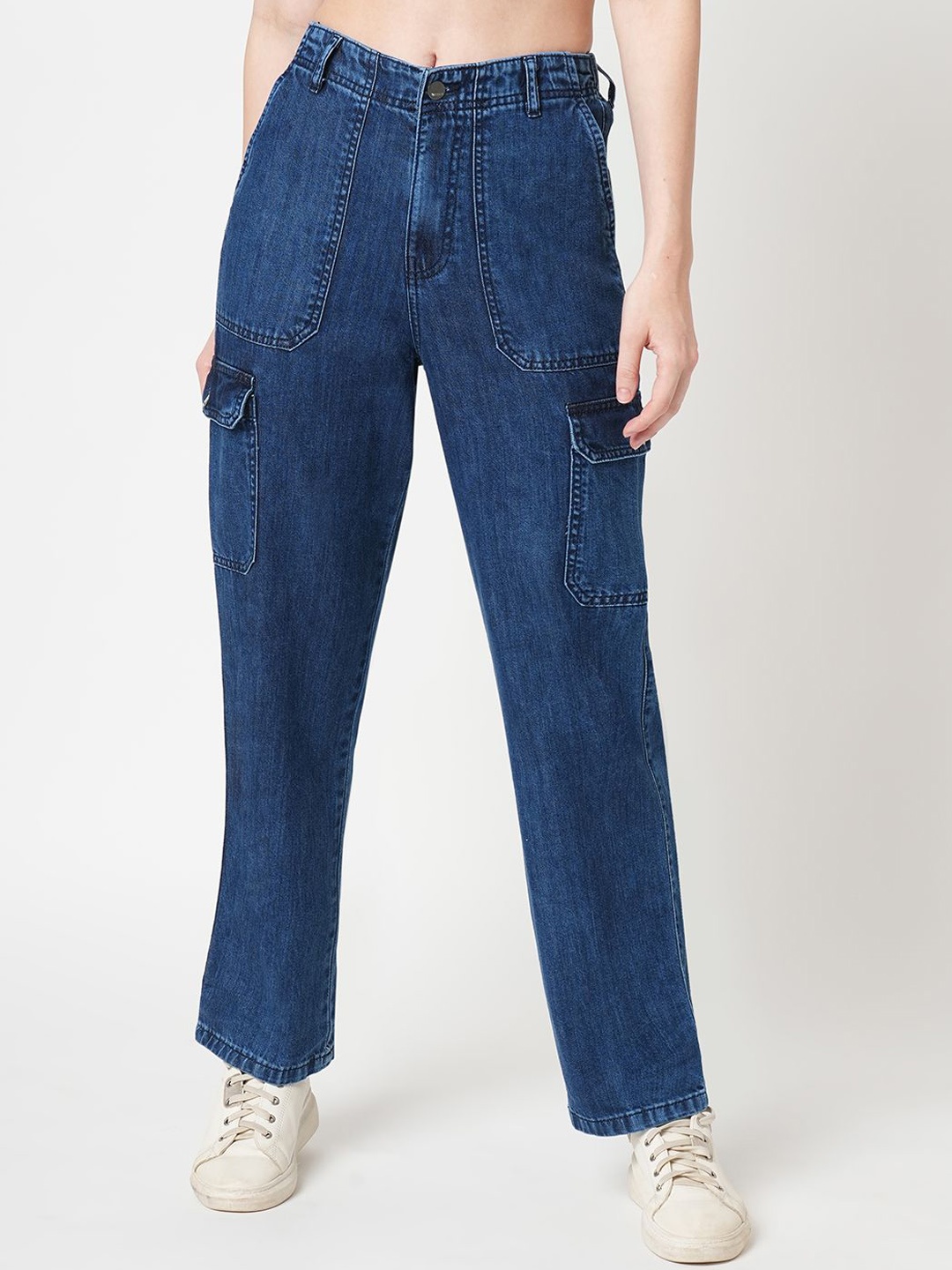 

Kraus Jeans Women Loose Fit High-Rise Cotton Cargos Trouser, Blue