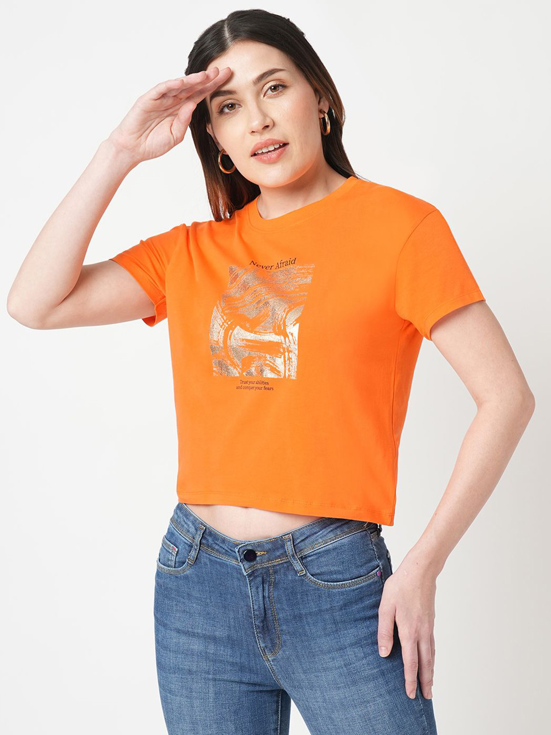 

Kraus Jeans Women Typography Printed Applique Slim Fit T-shirt, Orange